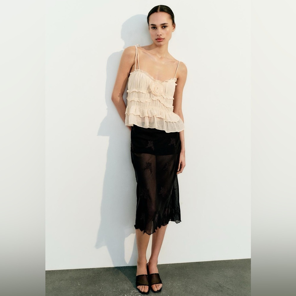NWT ZARA Ruffle Tiered Cream Cami Top Size XL
